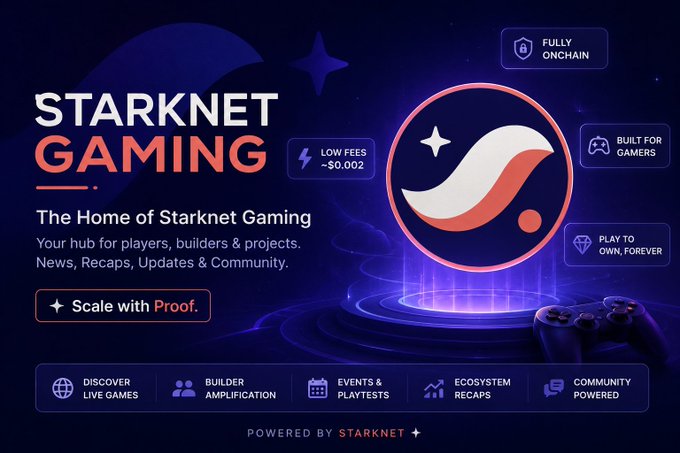 A promotional banner for 'Starknet Gaming' describes itself as 'The Home of Starknet Gaming' with features like 'Fully Onchain,' 'Low Fees ~$0.002,' and 'Built for Gamers,' displaying a controller at the bottom.
