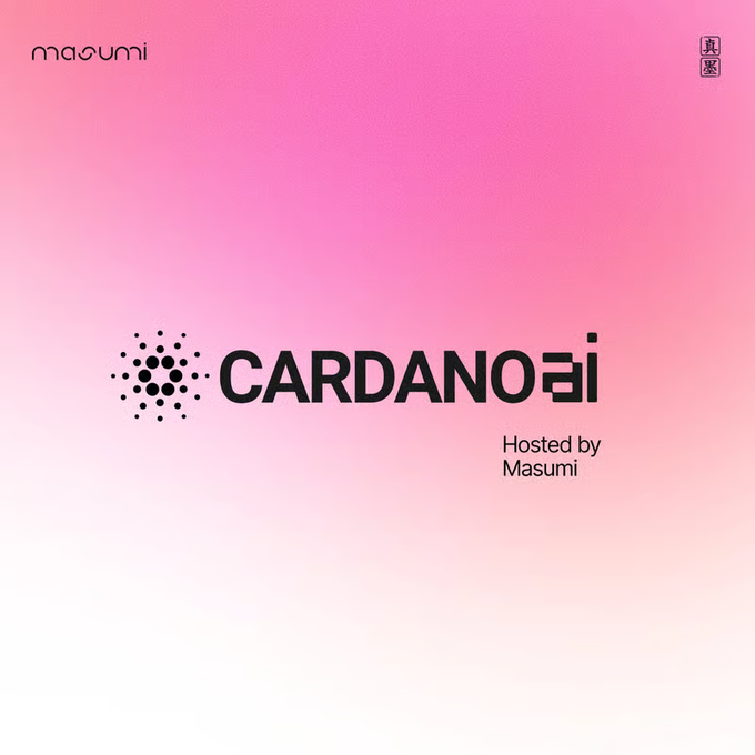 A pink gradient promotional graphic featuring the "Cardano AI" logo, "Hosting by Masumi" text, and the "masumi" brand mark in the upper left. The image teases the upcoming Cardano AI forum announced in the post.