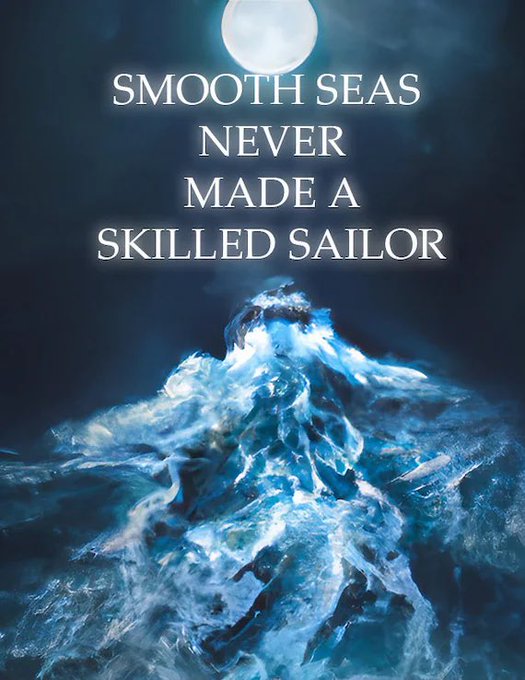 The image features turbulent ocean waves under a moonlit sky with the motivational text "SMOOTH SEAS NEVER MADE A SKILLED SAILOR" overlaid. The stormy waters visually reinforce the post's message that enduring volatile market conditions is what builds a successful trader, drawing a parallel between navigating rough seas and thriving in unpredictable financial markets.