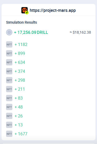 A screenshot from project-mars.app displays simulation results showing a total gain of +17,256.09 DRILL (~$18,162.38) alongside individual NFT gains ranging from +13 to +1,677, illustrating the impressive returns the poster received from their mint that originally cost only 1.5 ETH.