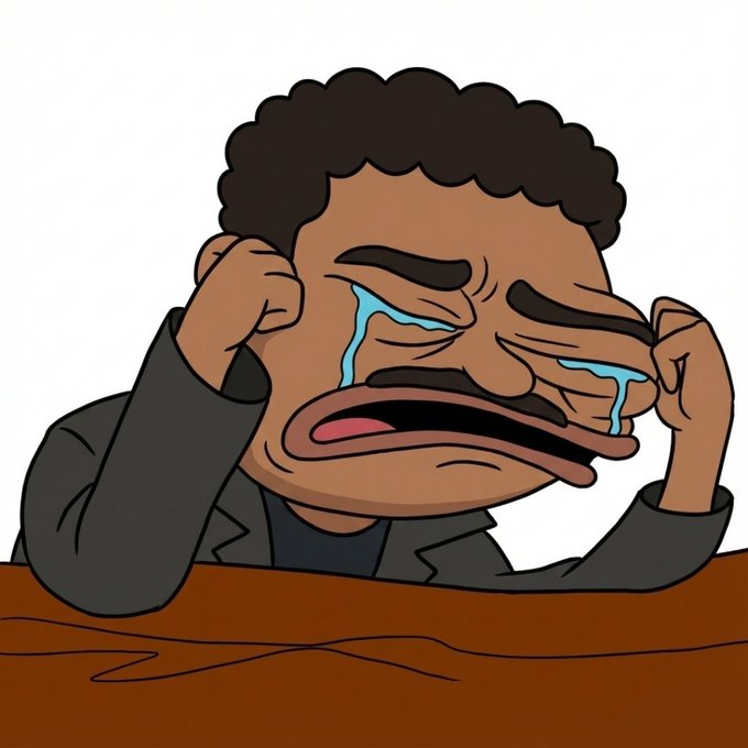 A cartoon illustration of a person with dark curly hair crying with large tears while resting their elbows on a brown surface, holding their face in distress.