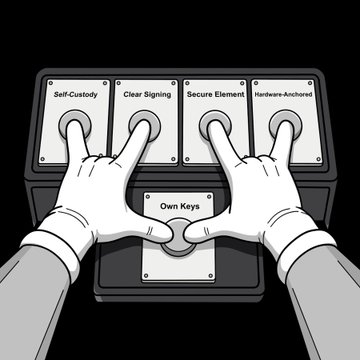 An illustration shows two gloved hands simultaneously turning four key labeled 'Self-Custody,' 'Clear Signing,' 'Secure Element,' and 'Hardware-Anchored' on a console, with a central panel reading 'Own Keys.'