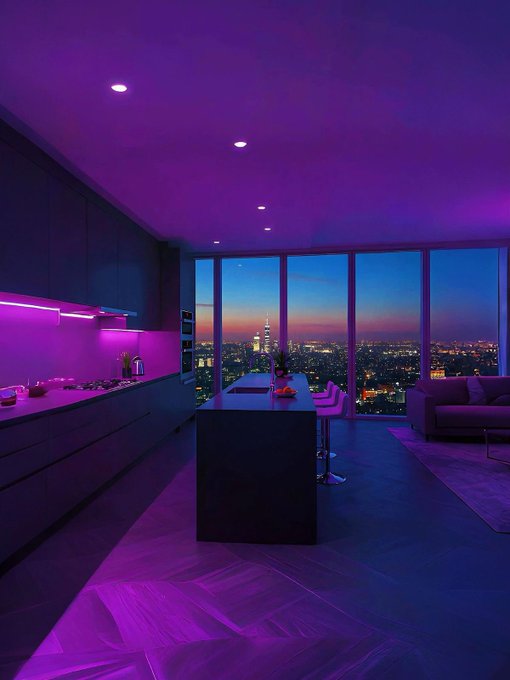 A modern high-rise apartment interior illuminated with purple LED lighting, featuring floor-to-ceiling windows overlooking a city skyline at dusk.
