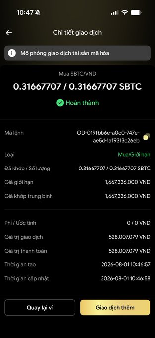A Vietnamese cryptocurrency transaction details screen showing a completed SBTC/VND purchase of 0.31667707 SBTC at 1,667,336,000 VND, totaling 528,007,079 VND, dated 2026-08-01.