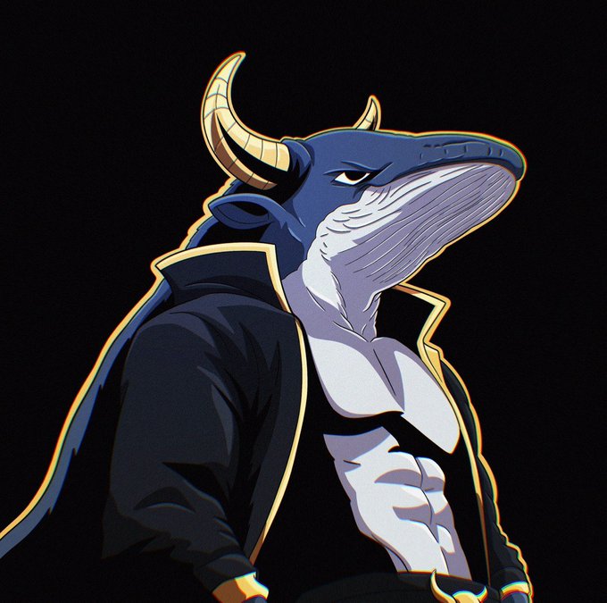 An illustrated anthropomorphic bull character with horns, a muscular physique, and a dark jacket stands against a black background, serving as the mascot for the newly launched $BULLWHALE memecoin giveaway promotion.