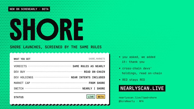 A graphic announces 'SHORE' launch on ScreenEarly beta by NEARLYSCAN.LIVE with market cap and status details.