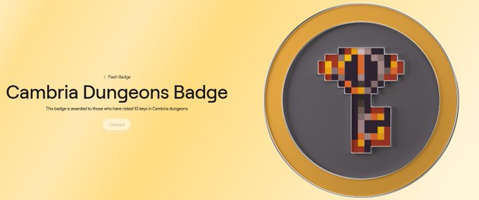 A digital achievement screen displays 'Cambria Dungeons Badge' with a pixel-art key icon in orange, yellow, and black tones against a cream background.