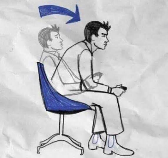 A sketch on crumpled paper showing a man in an office chair with a transparent arrow above his head, illustrating a common optical illusion of perspective where the figure appears duplicated.