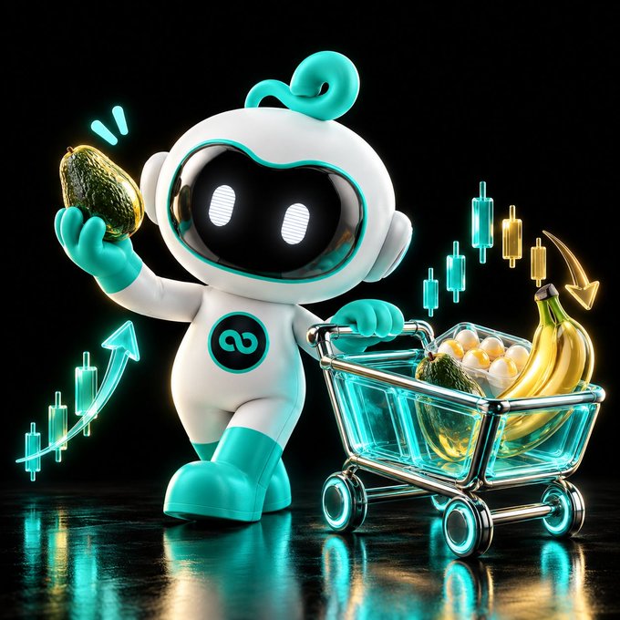 A 3D-rendered cute teal and white mascot robot holding an avocado and pushing a shopping cart filled with fruits, surrounded by glowing green and gold candlestick charts.