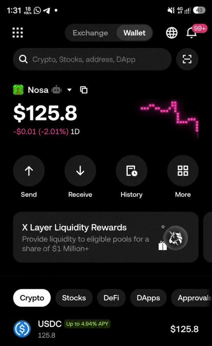 The image shows a Raycash wallet app screen displaying a USDC balance of $125.8 with a 2.01% decrease, alongside a "$5 Giveaway" promotion post for 10 winners featuring the @Hiamnosa account, illustrating the platform's cryptocurrency wallet interface referenced in the giveaway instructions.