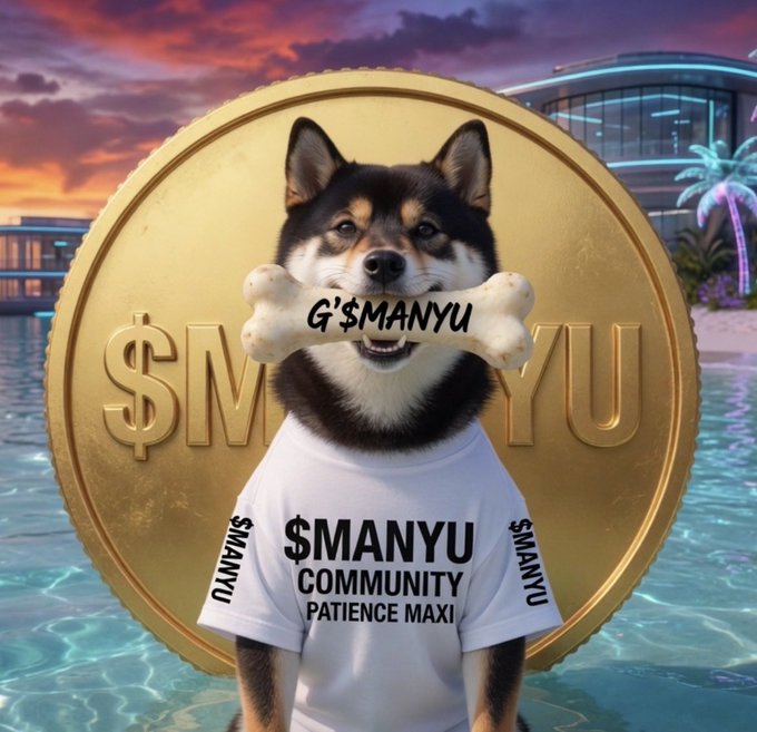 The image features a dog wearing a white t-shirt with black text that reads "G MANNYU @ RealManyu MANNYU". The dog appears to be sitting or standing near water, possibly at an ocean beach. The background of the image includes a building and palm trees, suggesting it is set in a coastal area.