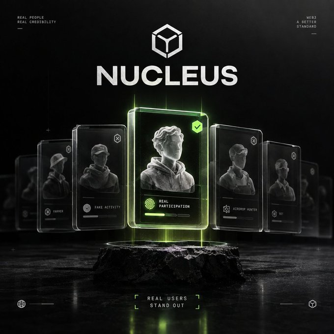 A promotional graphic for "NUCLEUS" displays digital profile cards arranged like trading cards, with the central card highlighted as "REAL PARTICIPATION" amid others labeled "FARMER," "FAKE ACTIVITY," and "AIRDROP HUNTER," under the slogan "REAL USERS STAND OUT."
