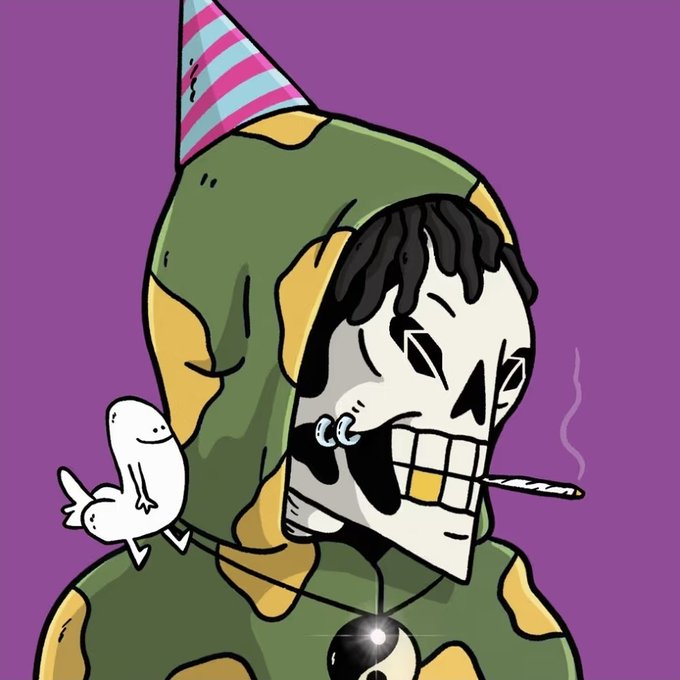 A cartoon illustration of a figure in a green and yellow frog hood wearing a skull mask, holding a cigarette, with a small ghost nearby against a purple background.