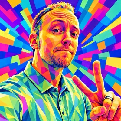 A colorful pop art style portrait of a man with short blond hair giving a peace sign, set against a vibrant, geometric background of pink, purple, and blue shards.