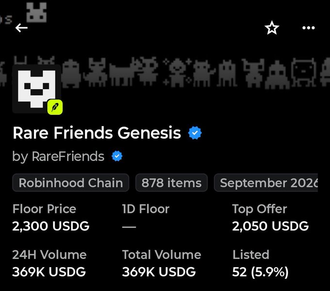 A listing for 'Rare Friends Genesis' by RareFriends on Robinhood Chain with 878 items, showing a Floor Price of 2,300 USDG, 24H Volume of 369K USDG, and 52 (5.9%) listed.
