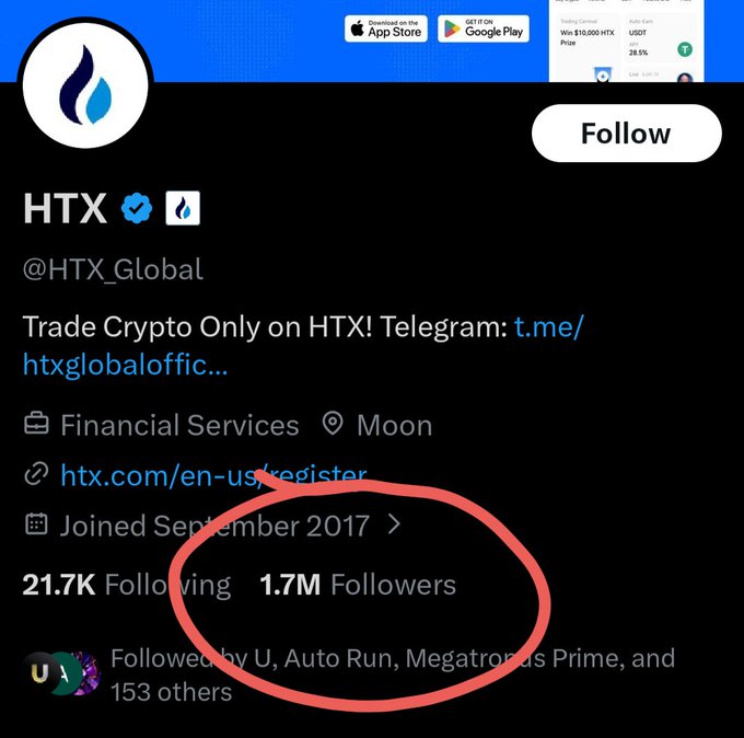 The image shows the X/Twitter profile of HTX (@HTX_Global), a cryptocurrency exchange with 1.7M followers (circled in red), promoting their Telegram channel at t.me/htxglobaloffic... and registration at htx.com/en-us/register. The image appears unrelated to the post about $lunc and #GreenpeaceUNITED, as it instead highlights HTX's large social media following, likely to promote the exchange's credibility to crypto traders.