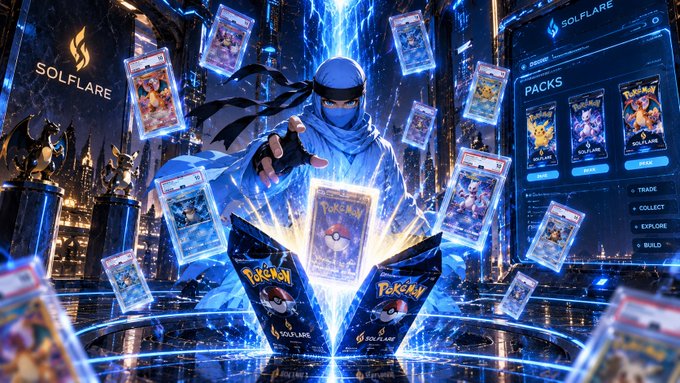 A masked, ninja-styled character bursts open glowing Pokémon card packs branded with the "Solflare" logo, as digital packs float around them and an interface displays "PACKS" with options to open, trade, or collect—perfectly capturing the post's excitement about chasing legendary pulls on the Solflare platform.