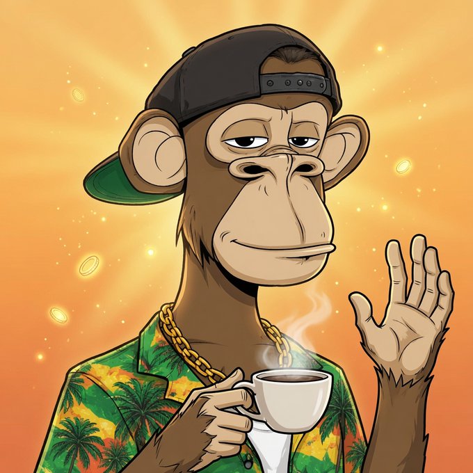 A digital illustration of a Bored Ape-style monkey character wearing a green tropical shirt, gold chain, and black cap backward, calmly holding a cup of steaming coffee against an orange glowing background.