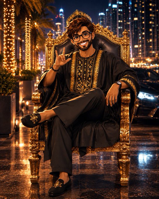 A man wearing glasses and a black and gold traditional outfit sits on an ornate golden throne, flashing a peace sign, with a city skyline and luxury car in the background. The image complements the post's message as the subject appears to be ending the conversation for the night, bidding farewell to "CT" and "FT."