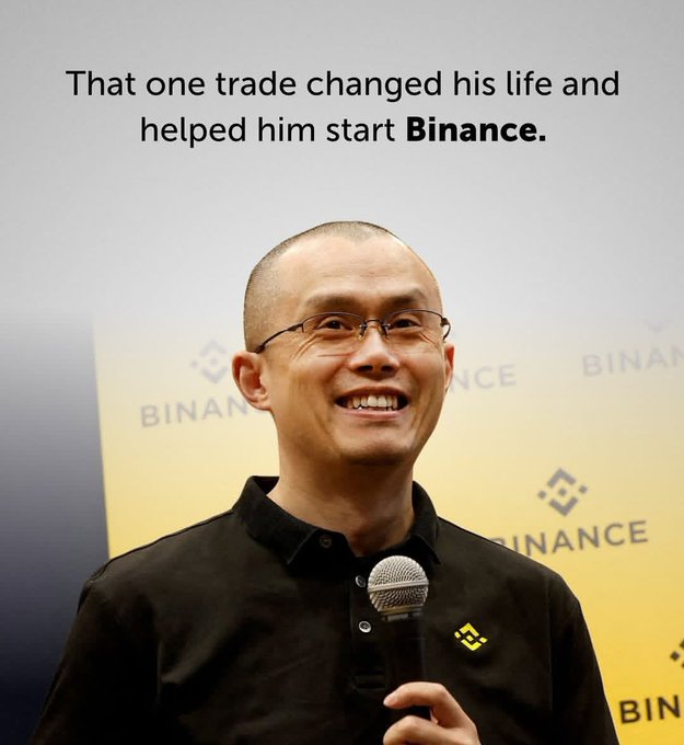 A smiling man with glasses, identified as Changpeng Zhao, founder of Binance, with text reading 'That one trade changed his life and helped him start Binance.'