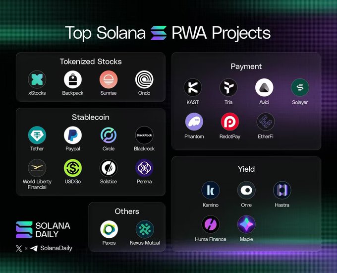 An infographic titled 'Top Solana RWA Projects' from Solana Daily, categorizing projects into Tokenized Stocks (xStocks, Backpack, Sunrise, Ondo), Payment (KAST, Tria, Avici, Solayer, Phantom, RedotPay, EtherFi), Stablecoin (Tether, Paypal, Circle, Blackrock, World Liberty Financial, USDGo, Solstice, Perena), Yield (Kamino, Onre, Hestra, Huma Finance, Maple), and Others (Paxos, Nexus Mutual).