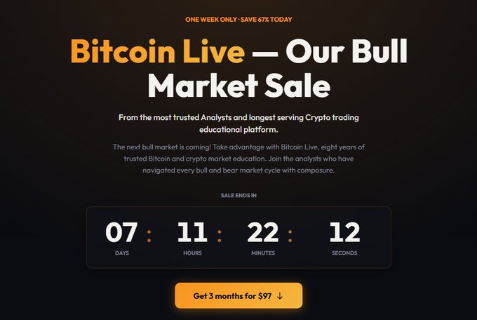 A promotional advertisement for 'Bitcoin Live' announces a Bull Market Sale, offering 67% off with a countdown timer at 07 days, 11 hours, 22 minutes, 12 seconds and a 'Get 3 months for $97' button.