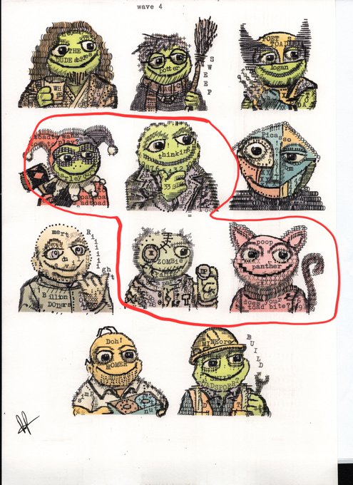 An illustrated page titled 'wave 4' featuring various cartoon characters with small text labels, with a red circle highlighting several of the figures.