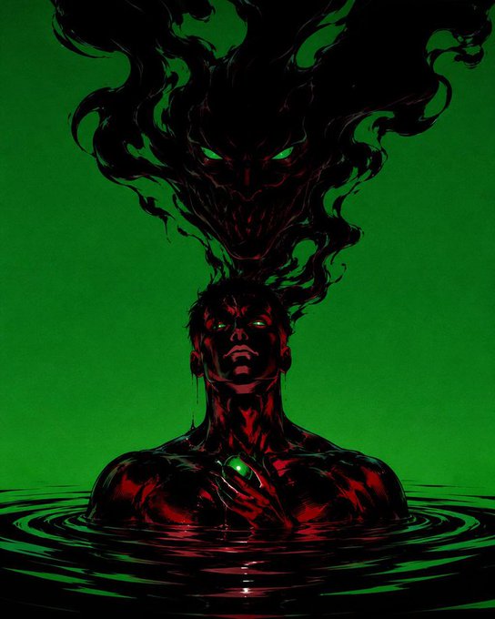 A dark, stylized illustration of a man submerged in liquid with a sinister demonic shadow/demon face emerging above him, set against a green background with the man holding a glowing green gem.