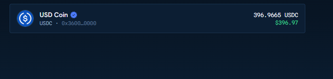 A wallet balance showing 396.9665 USDC (USD Coin) valued at $396.97, displayed against a dark background, likely representing the USDC token on the newly launched Arc Mainnet blockchain (Chain ID: 5042) referenced in the post.