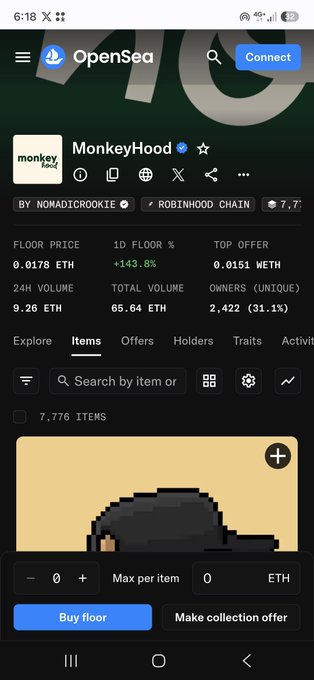 A mobile screenshot of the OpenSea platform displaying the 'MonkeyHood' NFT collection on the Robinhood Chain, showing a floor price of 0.0178 ETH, a 24-hour volume of 9.26 ETH, and 2,422 unique owners.