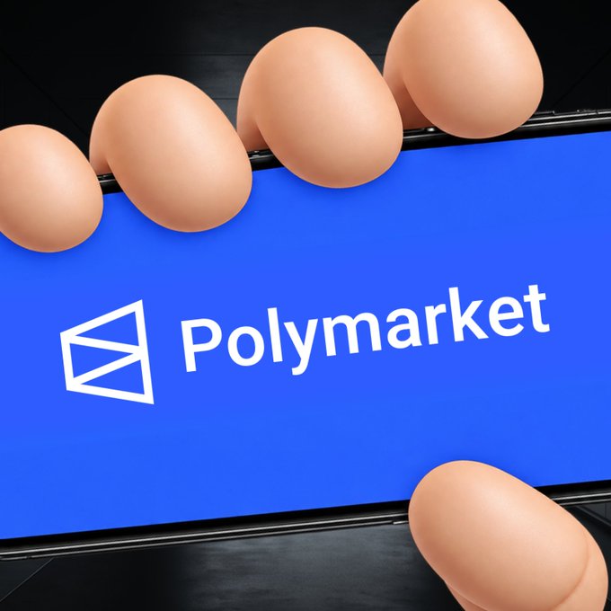The image features the Polymarket logo on a blue platform with eggs rolling off, symbolizing the "overwhelming demand" causing the partner quest to pause. The visual metaphor of eggs cascading off the edge reflects how FanPass users have flooded the promotion, earning over 9.9M $OFC before it was temporarily halted.