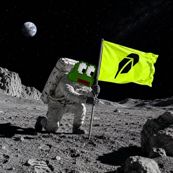 A humorous edit of an astronaut planting a yellow flag on the moon, featuring a green Discord logo face and a Roblox logo on the flag, with Earth visible in the background.