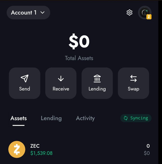 A Zcash wallet interface showing Account 1 with $0 Total Assets (syncing), navigation buttons for Send, Receive, Lending, and Swap, and a ZEC asset listing showing $1,539.08.