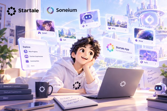An illustrated promotional image for Startale and Soneium showing an anime-style character at a laptop with floating UI elements for AI, DeFi, NFTs, and Social.