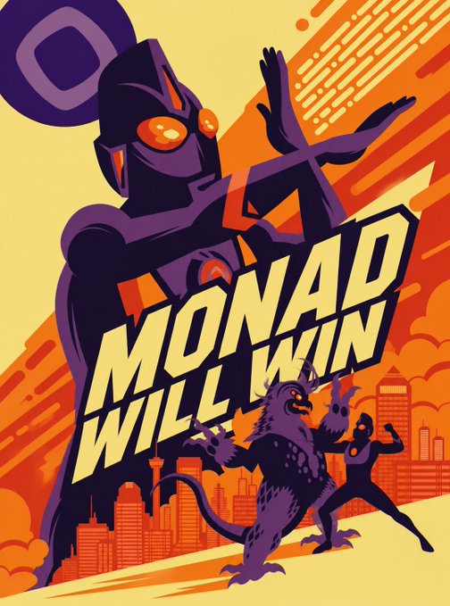 A retro-style poster featuring a giant purple robot, a kaiju, and a hero fighting in front of a city skyline, with the text 'MONAD WILL WIN' in bold yellow letters.
