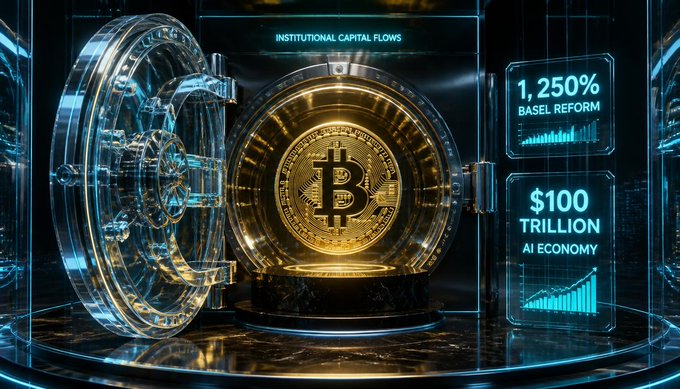 A digital illustration shows a glowing golden Bitcoin coin inside an open vault, with futuristic holographic displays showing 'INSTITUTIONAL CAPITAL FLOWS,' '1.250% BASEL REFORM,' and '$100 TRILLION AI ECONOMY.'