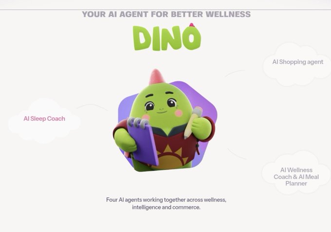 A promotional graphic for 'DINO,' described as 'YOUR AI AGENT FOR BETTER WELLNESS,' features a green cartoon character surrounded by cloud icons listing four AI services.