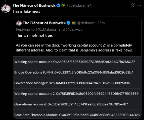 A screenshot of a tweet from "The Flâneur of Bushwick" (@defidave) debunking claims about address assignments, listing multiple Ethereum addresses for various accounts including Working capital account, Bridge Operations (UMH), Governance Manager, and Operational account, with the second tweet labeling prior claims as "fake news." The accompanying post mocks the account holder's identity, relating to the image's display of technical blockchain address documentation.