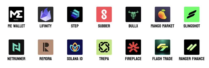 A grid of 14 cryptocurrency and DeFi application logos including ME Wallet, Lifinity, Step, Subber, Bullx, Mango Market, Slingshot, Netrunner, Remora, Solana ID, Trepa, Fireplace, Flash Trade, and Ranger Finance.