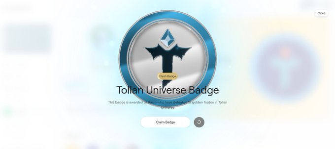 A digital badge display shows a silver 'Tollen Universe Badge' with a star and diamond symbol, awarded for helping freeze 7 frogs, with a 'Claim Badge' button below.