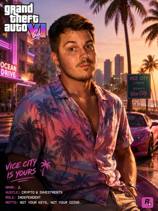 A 'Grand Theft Auto VI' style poster titled 'Vice City is Yours' featuring a man in a Hawaiian shirt, with text labels: NAME: J., HUSTLE: CRYPTO & INVESTMENTS, ROLE: INDEPENDENT, MOTTO: NOT YOUR KEYS, NOT YOUR COINS.