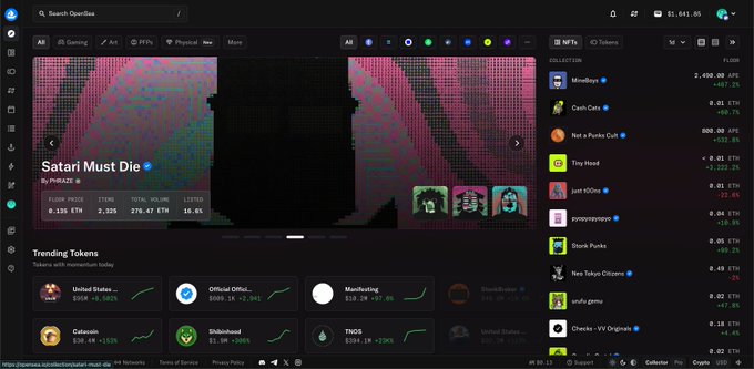 The image shows an OpenSea cryptocurrency dashboard displaying the "Satari Must Die" NFT collection by PUPiZAZE with a floor price of 0.135 ETH (2,325 items, 16.4% listed), alongside trending tokens like United States... at $8.4K and Official Offici... on the right sidebar showing collection rankings including Morallos, Cash Cabs, and Not a Punks Cult.