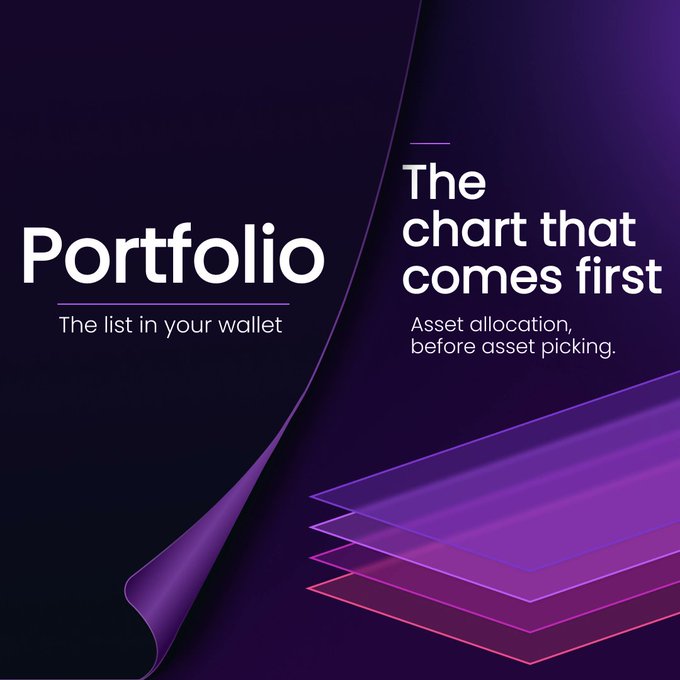 A dark purple graphic with stacked translucent layers features the text "Portfolio — The list in your wallet" alongside "The chart that comes first: Asset allocation, before asset picking." The layered design visually reinforces the post's message that a portfolio is simply the collection of holdings in your wallet, which any tracker will reduce to the same pie chart.