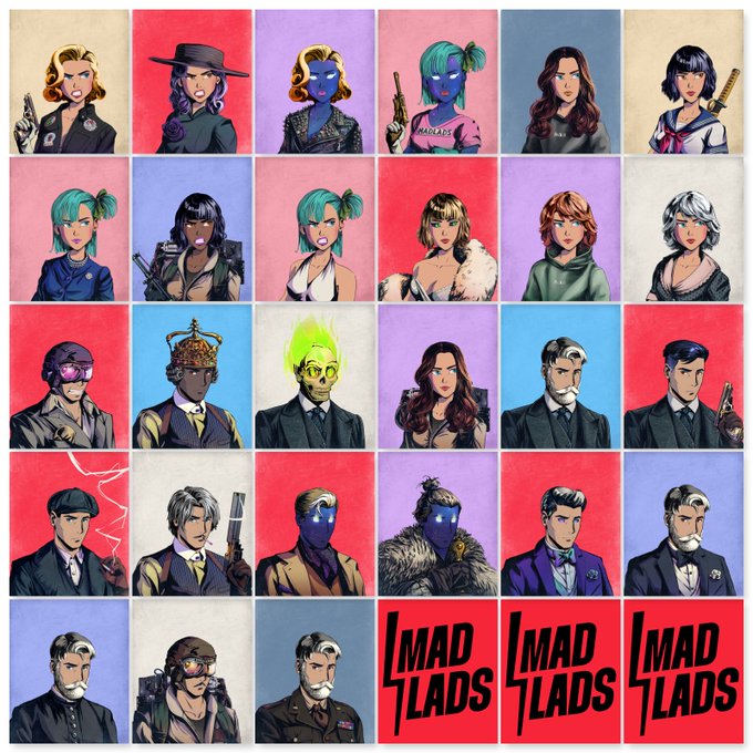 A colorful grid-style artwork featuring multiple illustrated character portraits with the 'MAD LADS' logo displayed in three red panels at the bottom right corner.