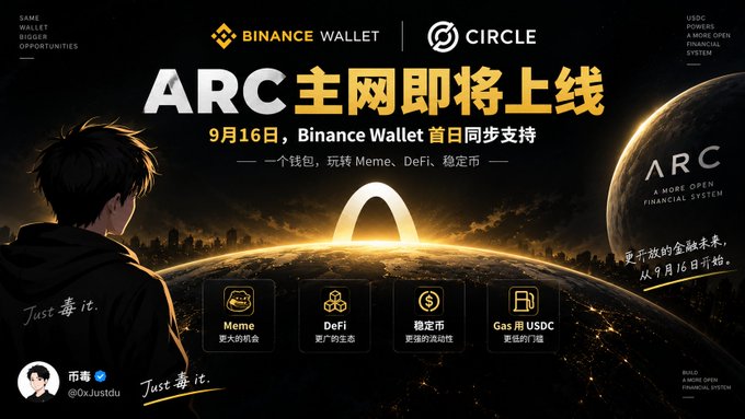 A promotional graphic featuring logos for Binance Wallet and Circle, announcing the launch of the 'ARC' mainnet on September 16th, with text in English and Chinese mentioning Meme, DeFi, Stablecoin, and Gas using USDC.