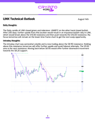 A 'LINK Technical Outlook' report dated August 14th from 'CRYPTO WAVES' discussing Chainlink's intraday price action, noting resistance near $13.50 and support around $12.