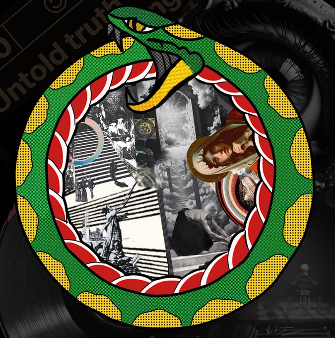A circular digital artwork featuring a green snake with yellow markings biting its own tail, forming an ouroboros around a collage of black and white images and a central figure with a halo.
