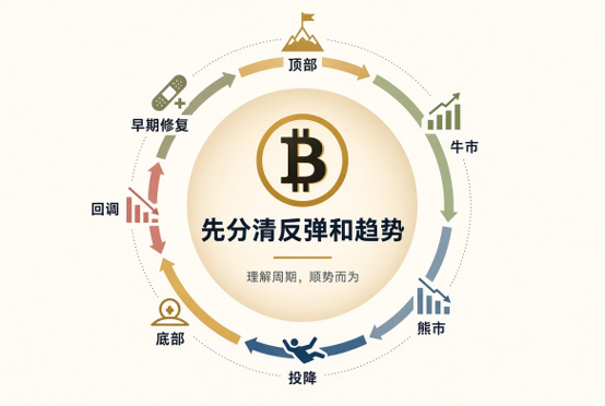 An infographic illustrating the Bitcoin market cycle in Korean, with a central Bitcoin logo and surrounding text describing phases like '顶部' (Top), '牛市' (Bull Market), '熊市' (Bear Market), and '投降' (Capitulation).