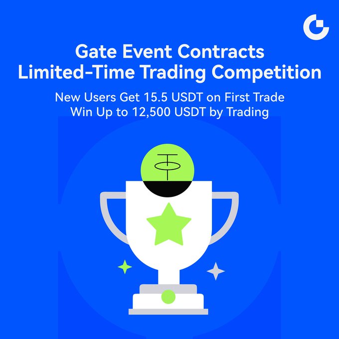 A vibrant blue promotional graphic for Gate Event Contracts' Limited-Time Trading Competition, featuring a white trophy adorned with a green star and topped with a green coin-like emblem, alongside text announcing that new users can get 15.5 USDT on their first trade and win up to 12,500 USDT by trading, which complements the post's Phase 2 campaign details offering a 5.5 USDT voucher for first-trade volume of 20 or more.