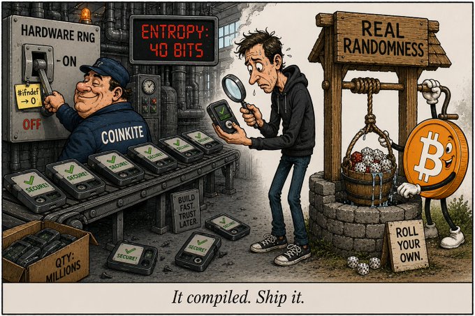 A satirical comic-style illustration contrasts 'HARDWARE RNG' with 'REAL RANDOMNESS', showing a Coinkite employee producing 'secure' hardware wallets, while a man examines one with a magnifying glass, with the caption 'It compiled. Ship it.'